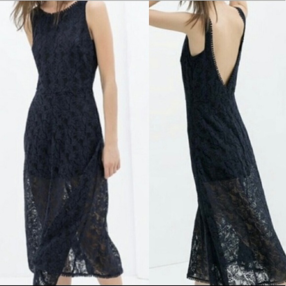 Zara Dresses & Skirts - Zara Lace Open Back Sleeveless Midi Dress Navy Blue Small